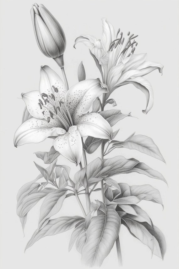 A Realistic Drawing of White Lilies · Creative Fabrica