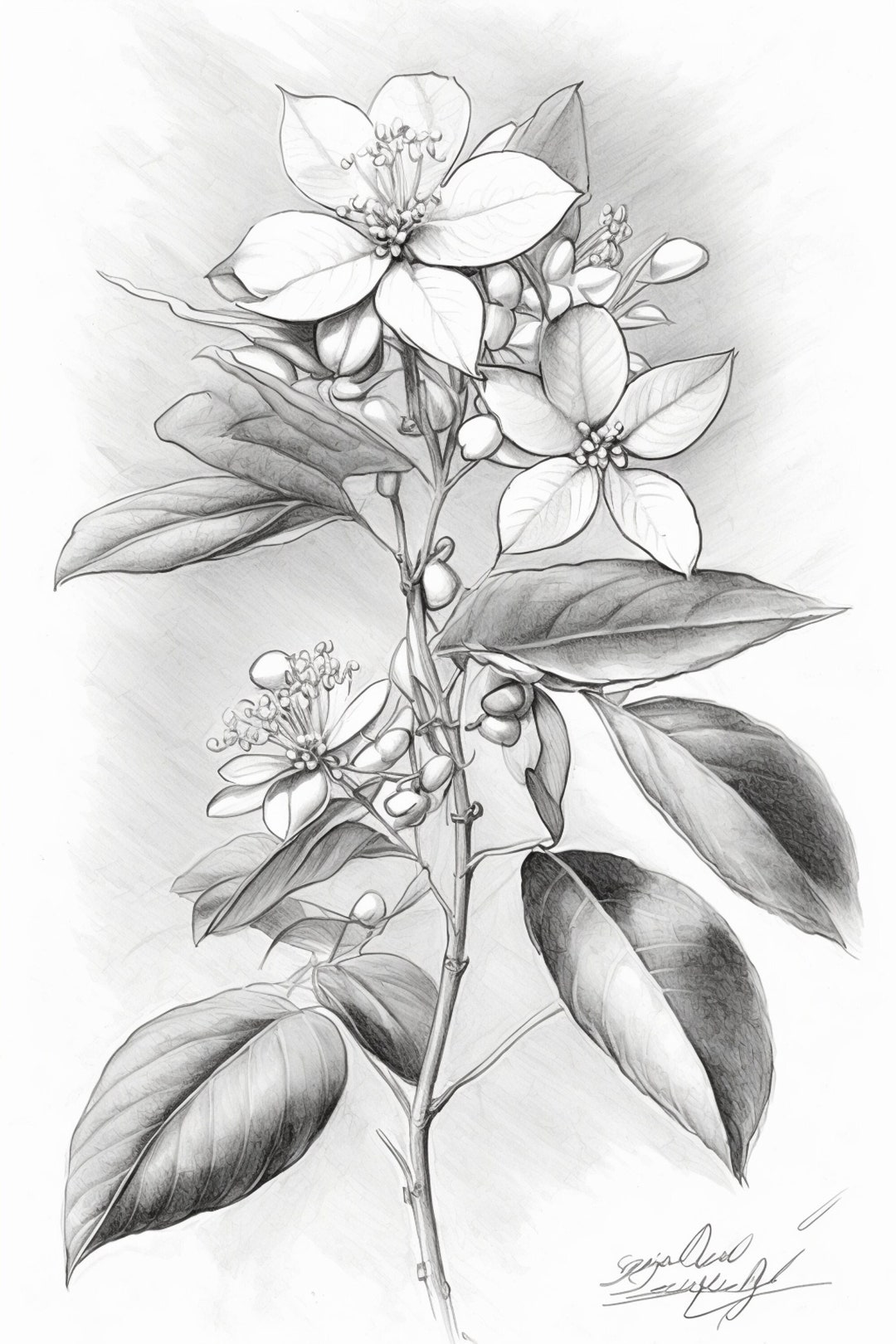 Jasmin Flowers, Pencil Sketch, Botanical Art, Floral, Fine Art, Nature