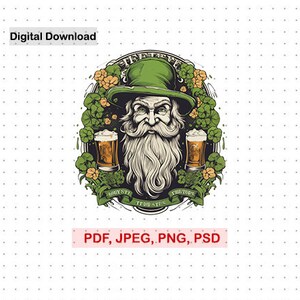 Może przedstawiać: Kreskówkowa ilustracja leprechauna w zielonym kapeluszu trzymającego dwa szklanki piwa. Leprechaun jest otoczony koniczyną, a widoczny jest tekst "The Tops" i "Body Sti".