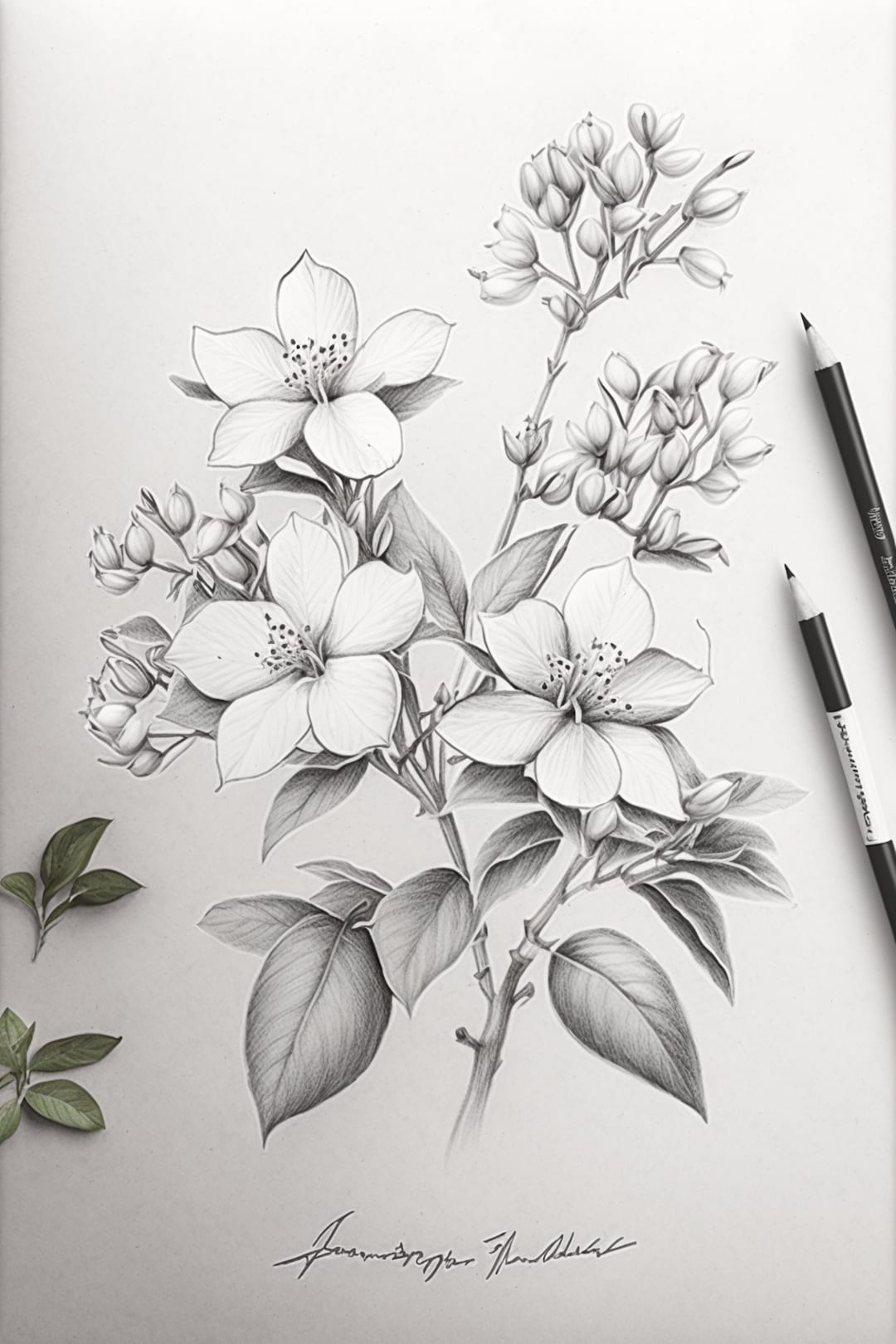 Jasmin Flowers, Pencil Sketch, Botanical Art, Floral, Fine Art, Nature