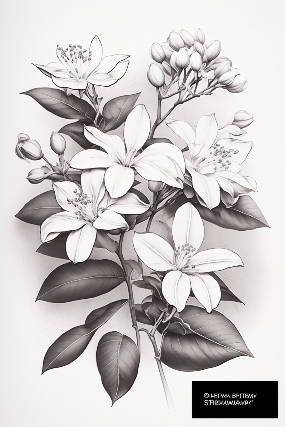 Jasmin Flowers, Pencil Sketch, Botanical Art, Floral, Fine Art, Nature