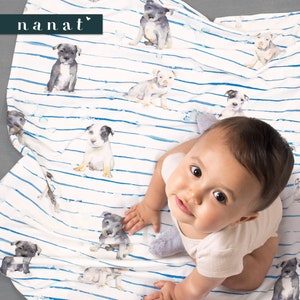 Pima Cotton puppy dog baby blanket, swaddle with hand-painted watercolor art print of cute pit bull puppies, super-soft with 4-way stretch