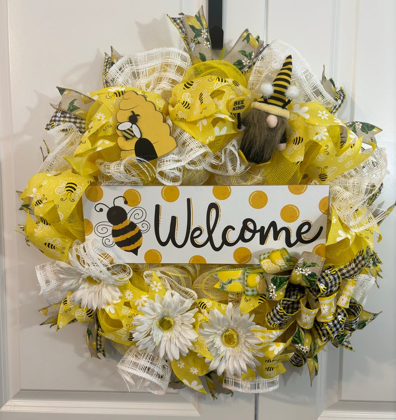 Yellow and Black Bee Wreath. Custom Made Deco Mesh Wreath