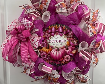 Handmade Pink Pumpkin Wreath, Breast Cancer Awareness October Door Decor