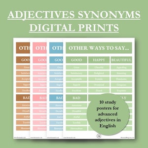 English Adjectives Synonyms Revision Study Print | Classroom Poster | EFL Art Print | ESL Wall Art | Language Printable | Digital Art