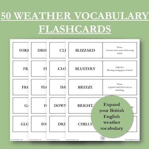 50 cartes mémoire de vocabulaire météorologique anglais britannique courant | Téléchargement numérique | Imprimable | Activité de révision | Apprendre une langue