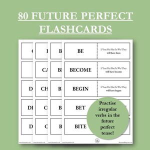 80 flashcards de verbos irregulares futuros perfeitos comuns | Download Digital | Imprimível | Atividade de revisão | Aprendizagem de línguas