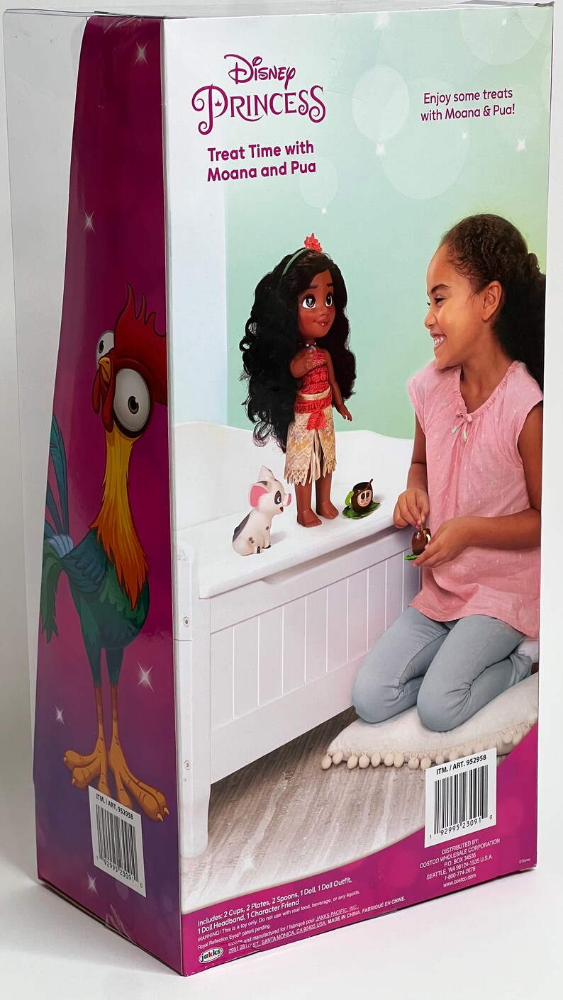 May include: A Disney Princess Treat Time with Moana and Pua doll set. The box features a Moana doll, a Pua figure, and a girl. The box is decorated with images of the characters and the text "Enjoy some treats with Moana & Pua!"