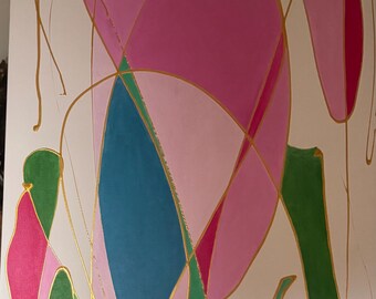 Pintura al óleo abstracta contemporánea de tonos rosados sobre lienzo, firmada por el artista.