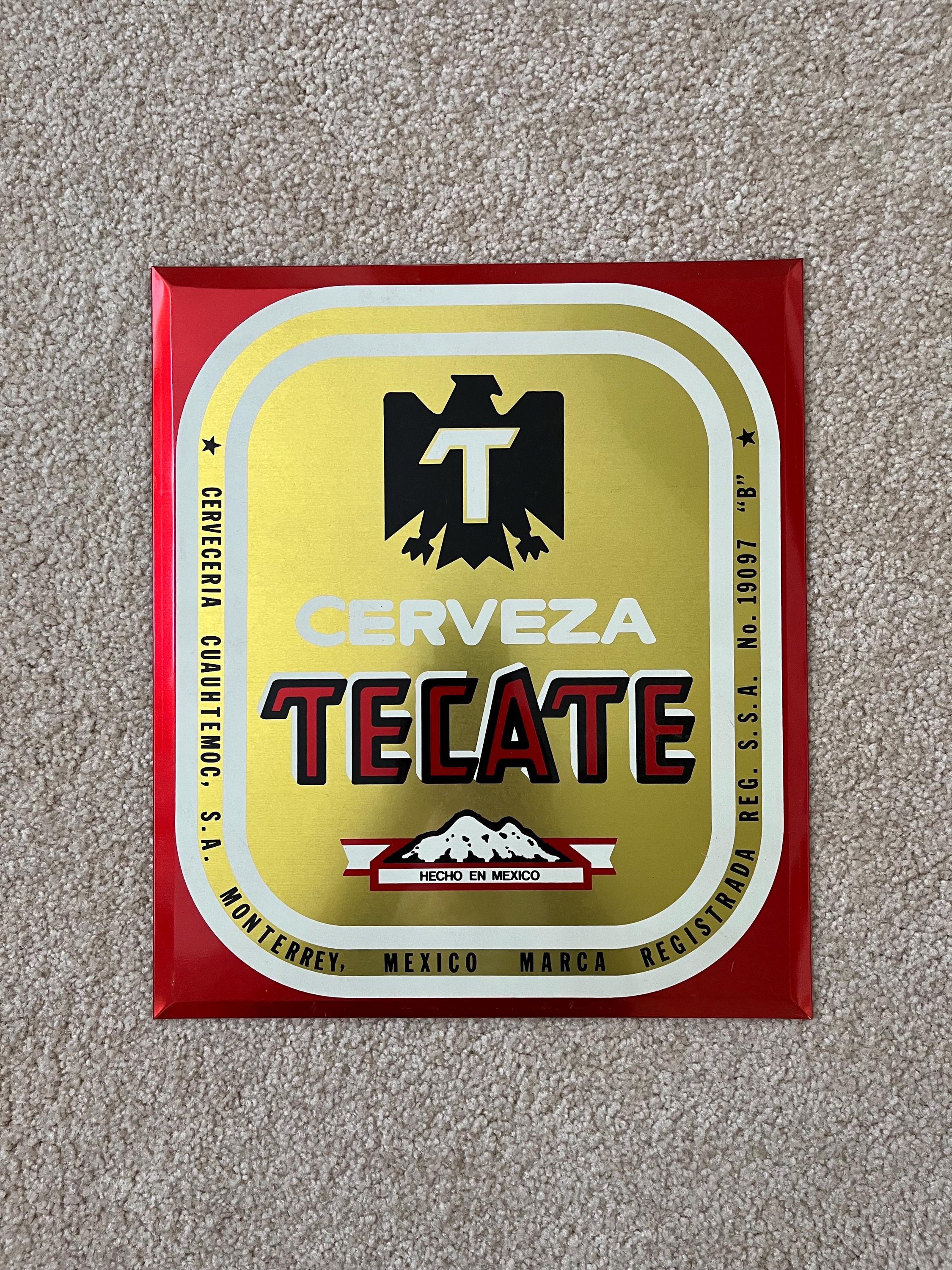 Vintage Cerveza Tecate beer Tin over Cardboard Metal Sign Cuauhtemoc Mexico