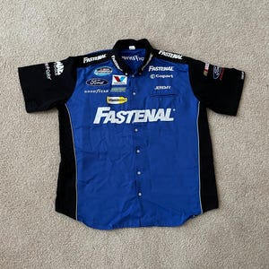 Vintage 90s NASCAR Jimmy Spencer Fastenal Simpson Racing Mechanic Button Up Crew Shirt Size XL