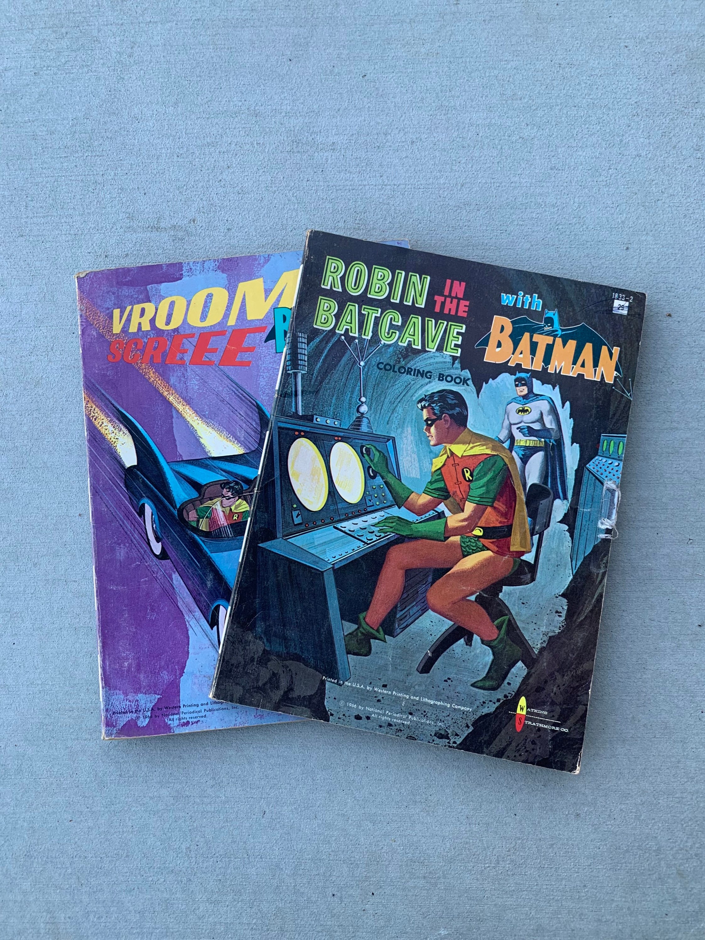 Rare 1967 Vintage Batman Coloring Books vroom Screee, robin in the
