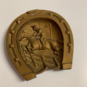 Vintage Antique Cast Brass Embossed Horse Shoe Jumps Rider Ashtray Bowl Art Deco Dish