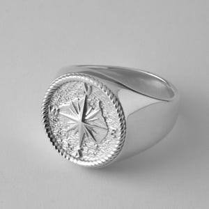 Large Compass Signet Ring  | Handmade Unisex Ring | High Polished Silver Band