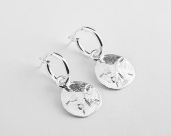 Sterling Silver Sand Dollar Hoop Earrings: Beach Jewelry