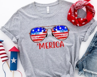 Merica Shirt, 4th Of July Sunglasses T-shirt, 4th of July Shirt, Independence Day Shirt, Retro America Shirt, American Flag Shirt