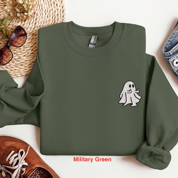 Suéter de dedo medio de fantasma bordado, Camisa de Halloween bordada, Sudadera de Halloween, Camisa de fantasma de Halloween, Camiseta de dedo medio de fantasma