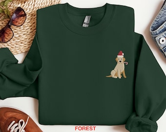 May include: A dark green sweatshirt with a festive embroidered image of a golden retriever wearing a Santa hat and holding a candy cane. The text "FOREST" is printed on the bottom of the sweatshirt.