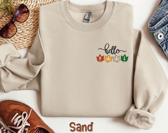 Hello Fall Shirt, Embroidered Fall Shirt, Fall Leaves Embroidered Sweatshirt, Thanksgiving Embroidered Sweatshirt, Fall Leaves Shirt