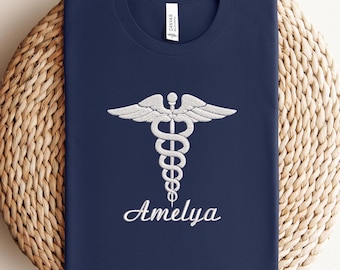 Embroidered Personalized Nurse Shirt, Custom Name Medical Caduceus T-Shirt, RN Gift, Nurse Appreciation Tee, Nursing Student Crewneck