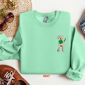 May include: A mint green sweatshirt with a small embroidered image of a golden retriever holding a four-leaf clover. The text "MINT" is printed on the bottom of the sweatshirt.