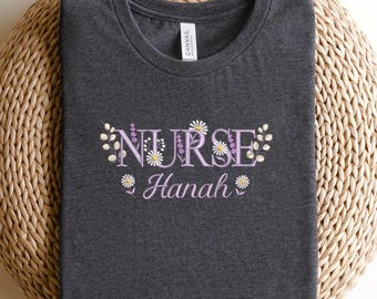 Embroidered Personalized Nurse Shirt, Floral NURSE Crewneck with Name, Custom RN T-Shirt, Nursing Student Sweatshirt,Nurse Appreciation Gift
