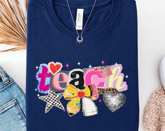 Cute Bow Teach Shirt, Cute Teacher Tee, Back To School, Team Teacher Shirt, Teacher College Shirt, Teacher Appreciation Gift,New Teacher Tee