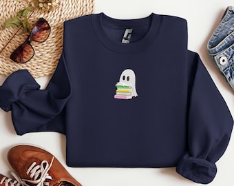 Embroidered Ghost Sweatshirt, Embroidered Halloween T-shirt, Embroidery Ghost With Book Shirt For Halloween, Cute Embroidery Ghost Sweater