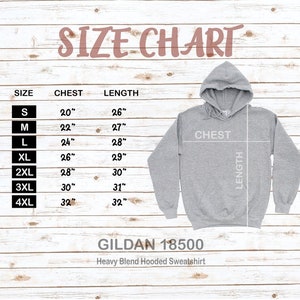 K&ouml;nnte beinhalten: Gr&ouml;&szlig;entabelle f&uuml;r ein Gildan 18500 Heavy Blend Kapuzen-Sweatshirt. Die Tabelle zeigt Brust- und L&auml;ngenma&szlig;e in Zoll f&uuml;r die Gr&ouml;&szlig;en S bis 4XL.