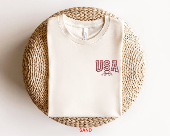 Embroidered USA Ribbon Shirt, Embroidered USA Tee, Embroidered 4th of July Shirt, Coquette USA Shirt, Independence Day Tee, Patriotic Shirt