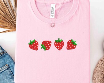 Embroidered Strawberry Shirt, Cute Fruit Tee, Spring Aesthetic Berry Sweatshirt, Strawberry Lover T-Shirt, Cottagecore Style Gift for Her