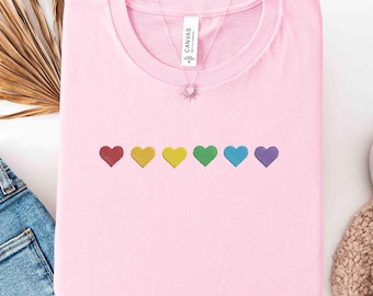 Embroidered Rainbow Hearts Shirt, Pride T-Shirt, LGBTQ+ Cute Heart Tee, Minimalist Pride Shirt, Colorful Love Top, Love is Love Sweatshirt