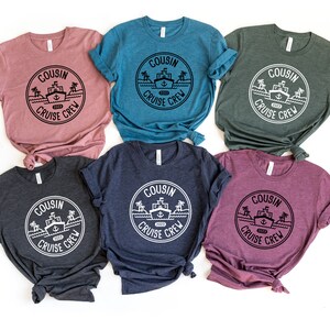 May include: Six t-shirts in different colours with the text "Cousin Cruise Crew 2023" and a ship graphic in a circle.