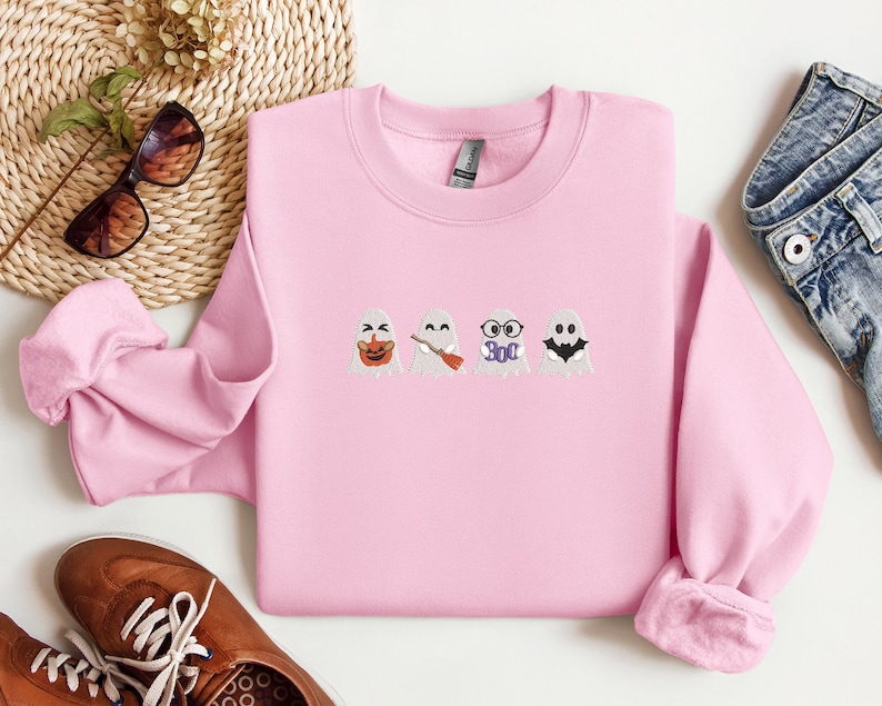 Embroidered Cute Ghost Sweatshirt, Embroidered Halloween Shirt, Halloween Ghost Sweatshirt, Cute Halloween Shirt, Halloween Cute Ghost Shirt image 5