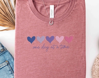 Embroidered Colorful Heart Shirt, One Day At A Time T-Shirt, Inspirational Quote Sweatshirt, Minimalist Heart Tee, Mental Health Gift