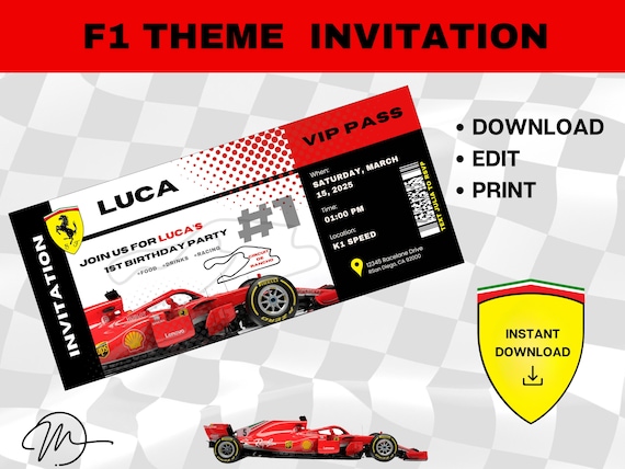 Ferrari F1 Birthday Invitation: VIP Pass, Editable (digital