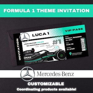 Mercedes Formula 1 Theme Personalized Birthday Invitation! Race Car digital download invitation
