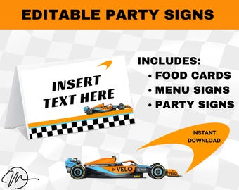 Custom Formula 1 Theme Party Signs | Menu Cards | Food Signs (Editable Instant Digital Download)
