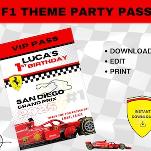Anpassbare Formel 1 Ferrari-Themen VIP-Abzeichen | Erster Geburtstag Instant Download & bearbeitbar