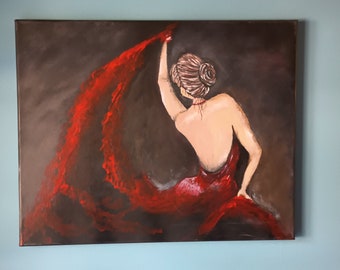 Elegant Lady Dancer Painting, One of kind, Unique Woman in a Maroon Dress