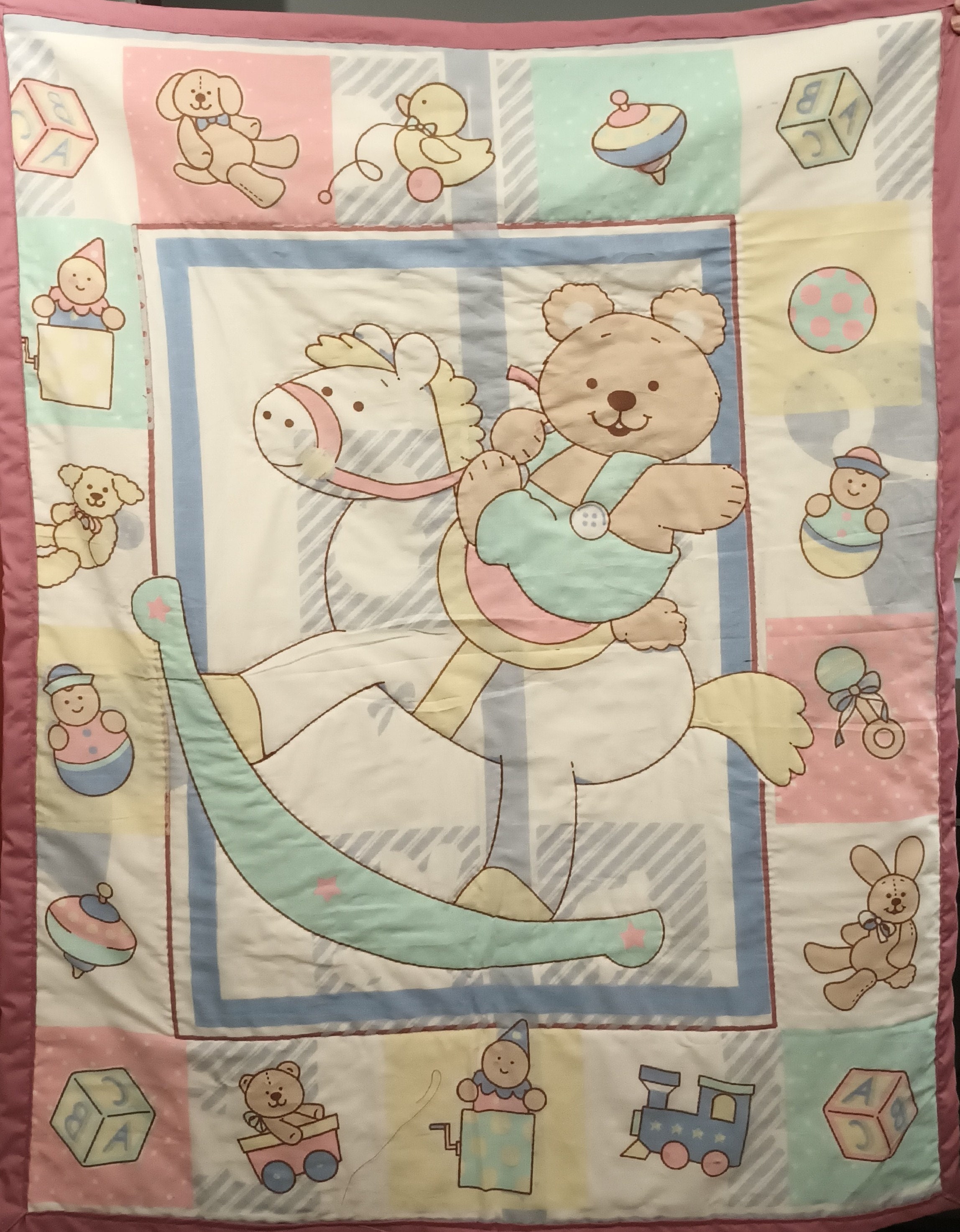 Rocking Horse Baby Quilt With Rocking Horse and Bear, Hand Quilted