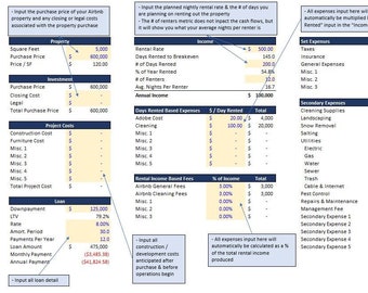 Airbnb Investment Analysis & Valuation - Airbnb, Rental Property, VRBO - Simple Easy-to-Use - Excel Template