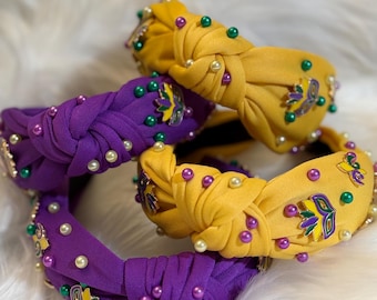 Mardi Gras Beaded Headband, Mardi Gras Rhinestone Headband, Mardi Gras Headband, Knot Headband, Fleur De Lis Headband