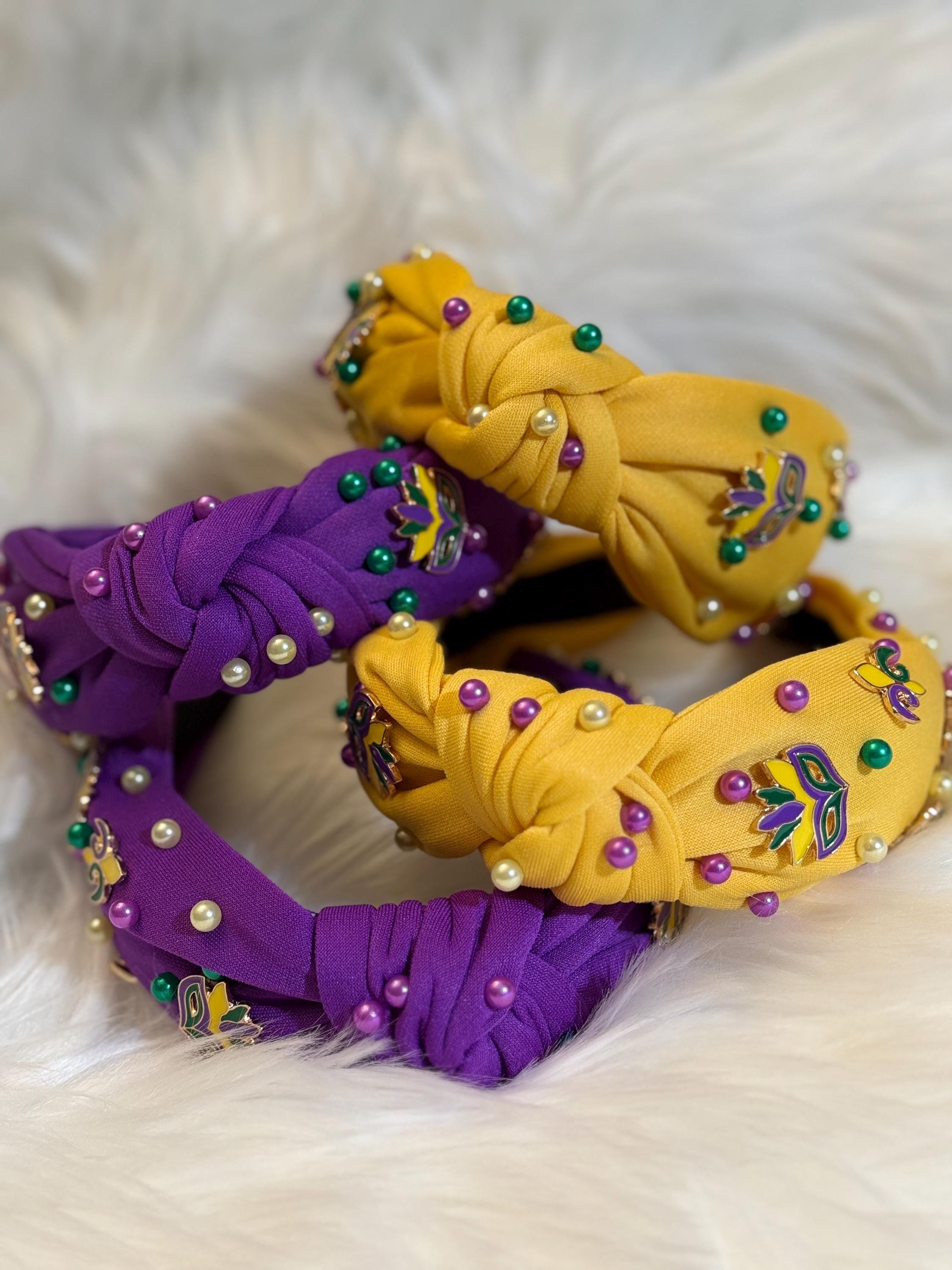 Embellished Headband Set - Purple, Yellow, Green Embellished Headband: Lime Green, Purple Beads, Hand Sewn - Etsy main image 2