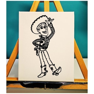 May include: A black and white line drawing of Woody from Toy Story on a white canvas. Woody is wearing his signature cowboy hat, vest, and boots. He is smiling and waving with his right hand.
