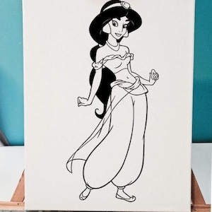 May include: Black and white illustration of a cartoon character on a white canvas. The character is a woman with long black hair, wearing a top, pants, and shoes. The canvas is mounted on a wooden easel.