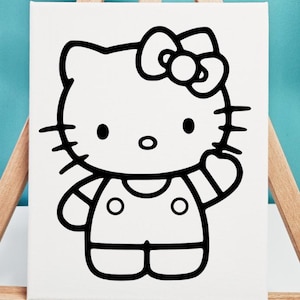 May include: A black and white illustration of Hello Kitty on a white canvas. The iconic character is depicted with a large bow, round eyes, and a simple outfit. The artwork is displayed on a wooden easel.