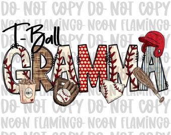 May include: A brown and red graphic with the text "T-Ball Gramma" in a baseball theme. The graphic includes a baseball glove, a baseball, a bat, a baseball cap, and a box of peanuts.