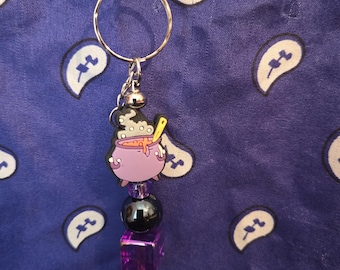 Witch Cauldron Beaded Keychain: Purple, Black, Silver Charm Accessory