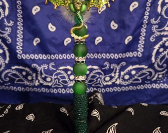 Green Dragon Wand with Rhinestone Handle and Feather Accents